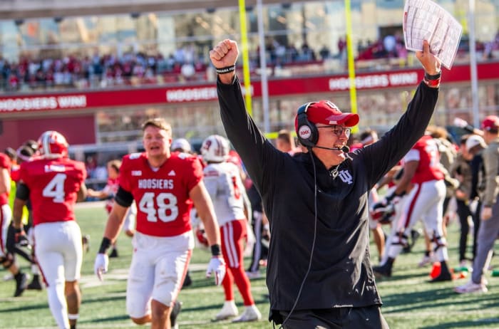 Indiana Head Coach Tom Allen celebrates the Hoosiers victory after the second half of the Indiana versus Wisconsin football game at Memorial Stadium on Saturday, Nov. 4, 2023.